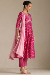 Women's Fuchsia Viscose Muslin Ethnic Motif Suit Set With Sequins