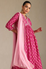 Women's Fuchsia Viscose Muslin Ethnic Motif Suit Set With Sequins