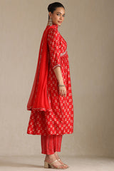 Women's Red Viscose Muslin Floral Print Suit Set With Zari