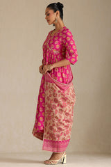 Women's Fuchsia Viscose Muslin Floral Print Suit Set With Zardozi