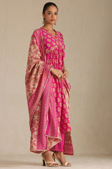Women's Fuchsia Viscose Muslin Floral Print Suit Set With Zardozi