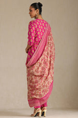 Women's Fuchsia Viscose Muslin Floral Print Suit Set With Zardozi
