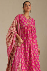 Women's Fuchsia Viscose Muslin Floral Print Suit Set With Zardozi
