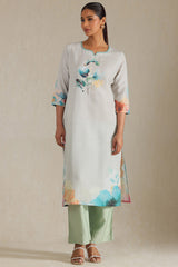 Women's Powder Blue Rayon Botanical Print Kurta With Beads