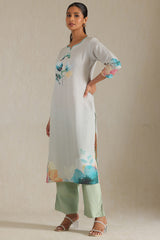 Women's Powder Blue Rayon Botanical Print Kurta With Beads