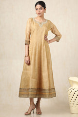 Women's Mustard Kota Floral Print Dress With Thread Work