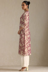 Women's Onion Pink Tissue Floral Print Kurta With Mirror Work
