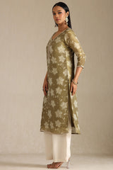Women's Olive Tissue Floral Print Kurta With Mirror And Pearl