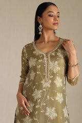Women's Olive Tissue Floral Print Kurta With Mirror And Pearl