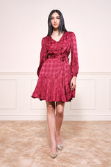 Women's Red Party Regular Fit Printed Full Sleeves Dress