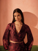 Women's Red Printed Full Sleeves Cropped Top with Skirt Co-ords Set
