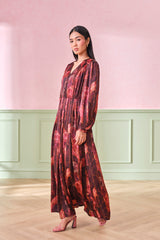Women's Red Party Regular Fit Printed Full Sleeves Dress
