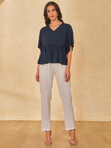 Women's Navy Casual Regular Fit Solid Half Sleeves Tops