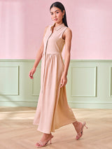 Women's Beige Self Design Polyester Ankle Length Woven Maxi