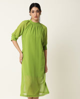 Women's Frag Green High Collared Neck With Gathers Short Sleeves With Cuff Back Button Closure Midi Dress
