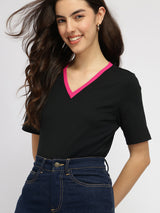 Women's Black Casual Solid Half Sleeves Tshirt