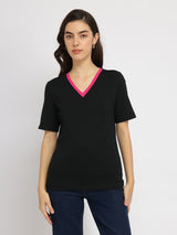 Women's Black Casual Solid Half Sleeves Tshirt