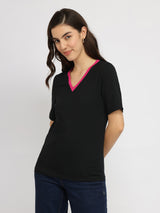 Women's Black Casual Solid Half Sleeves Tshirt