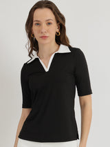 Women's Black Casual Solid Half Sleeves Tshirt
