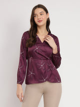 Women's Purple Casual Printed Regular Fit Full Sleeves Top
