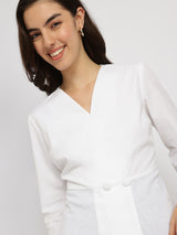 Women's White Casual Solid Regular Fit Three Quarter Sleeves Top