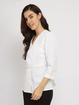 Women's White Casual Solid Regular Fit Three Quarter Sleeves Top