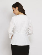 Women's White Casual Solid Regular Fit Three Quarter Sleeves Top