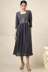 Women's Charcoal Crepe Embroidered Dress With Cutdana