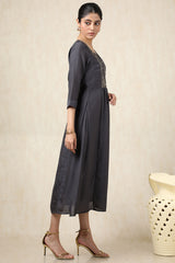Women's Charcoal Crepe Embroidered Dress With Cutdana
