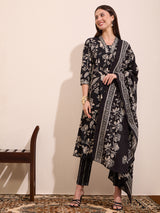 Women's Black Printed Festive Kurta Set with Trouser and Dupatta