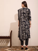 Women's Black Printed Festive Kurta Set with Trouser and Dupatta