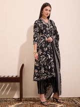Women's Black Printed Festive Kurta Set with Trouser and Dupatta