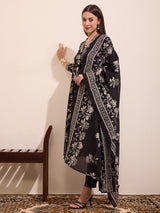 Women's Black Printed Festive Kurta Set with Trouser and Dupatta