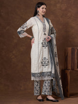 Women's White Printed Festive Kurta Set with Palazzo and Dupatta