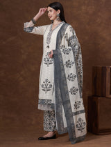 Women's White Printed Festive Kurta Set with Palazzo and Dupatta
