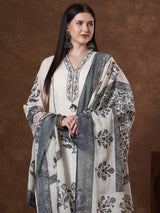 Women's White Printed Festive Kurta Set with Palazzo and Dupatta