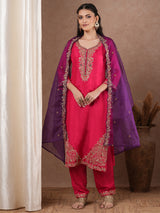 Women's Pink Festive Kurta Set with Trouser and Dupatta