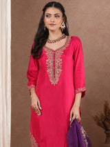 Women's Pink Festive Kurta Set with Trouser and Dupatta
