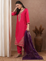 Women's Pink Festive Kurta Set with Trouser and Dupatta