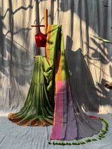 Women's Green Mul Cotton with Zari Saree