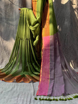 Women's Green Mul Cotton with Zari Saree