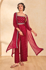 Women's Red Fusion Embroidered Full Sleeves Kurta Set