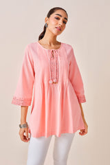 Women's Pink Casual Solid Three Quarter Sleeves Kurti