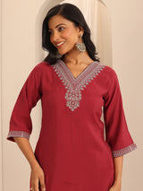 Women's Red Yoke Design Straight Kurta With Salwar and Dupatta