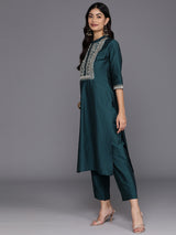 Women's Blue Silk Blend Yoke Design Straight Kurta with Blue Silk Blend Trouser and Blue Silk Blend Dupatta