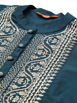 Women's Blue Silk Blend Yoke Design Straight Kurta with Blue Silk Blend Trouser and Blue Silk Blend Dupatta