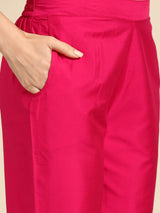 Women's Pink Silk Blend Yoke Design Straight Kurta with Pink Silk Blend Trouser and Pink Silk Blend Dupatta