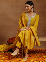 Women's Mustard Embroidered Sequiens Straight Kurta and Trouser With Dupatta