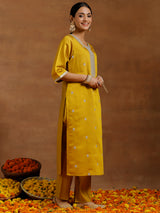 Women's Mustard Embroidered Sequiens Straight Kurta and Trouser With Dupatta