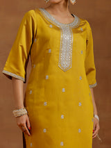 Women's Mustard Embroidered Sequiens Straight Kurta and Trouser With Dupatta